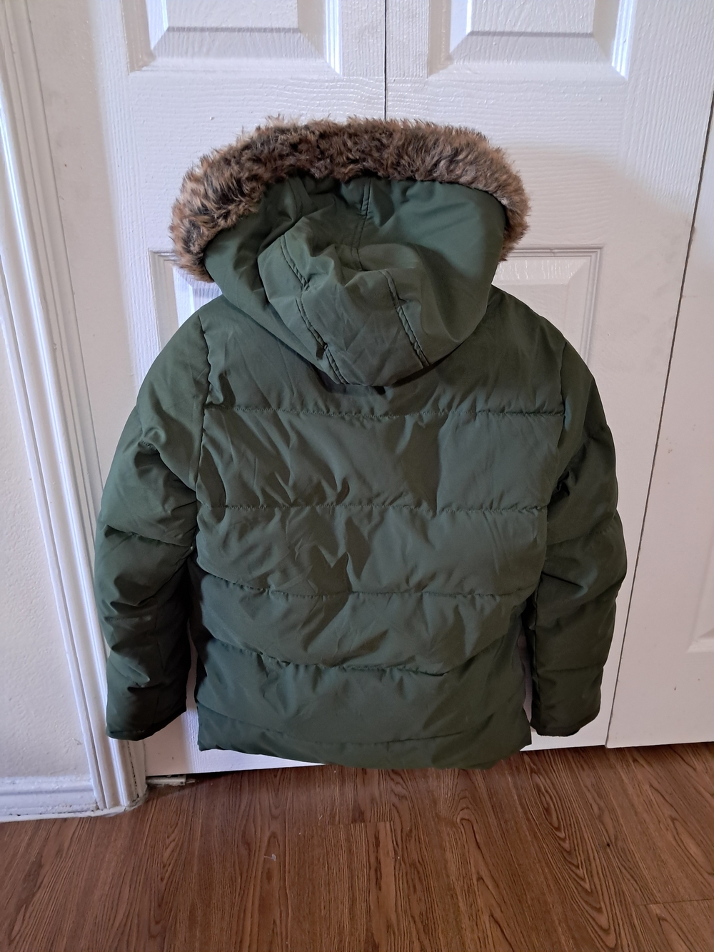 Children's Olive Green Puffer Jacket with Faux Fur Hood